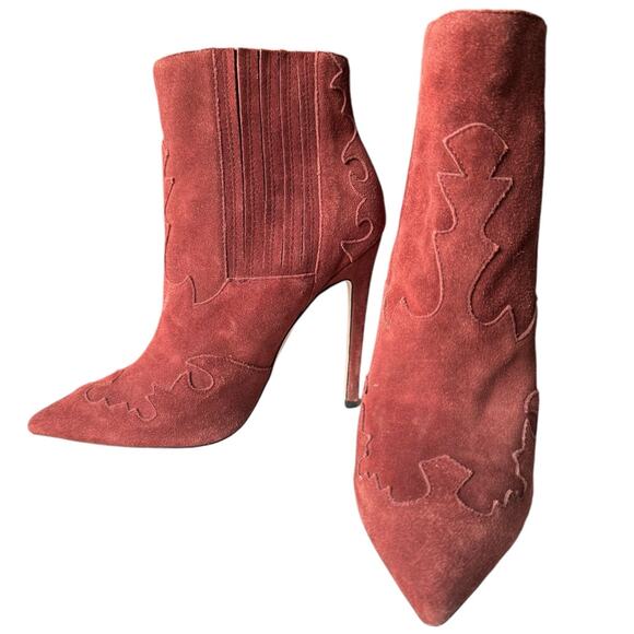 Burgundy suede pointed toe stiletto ankle boots with cowgirl design ASOS size 6 - Picture 2 of 13